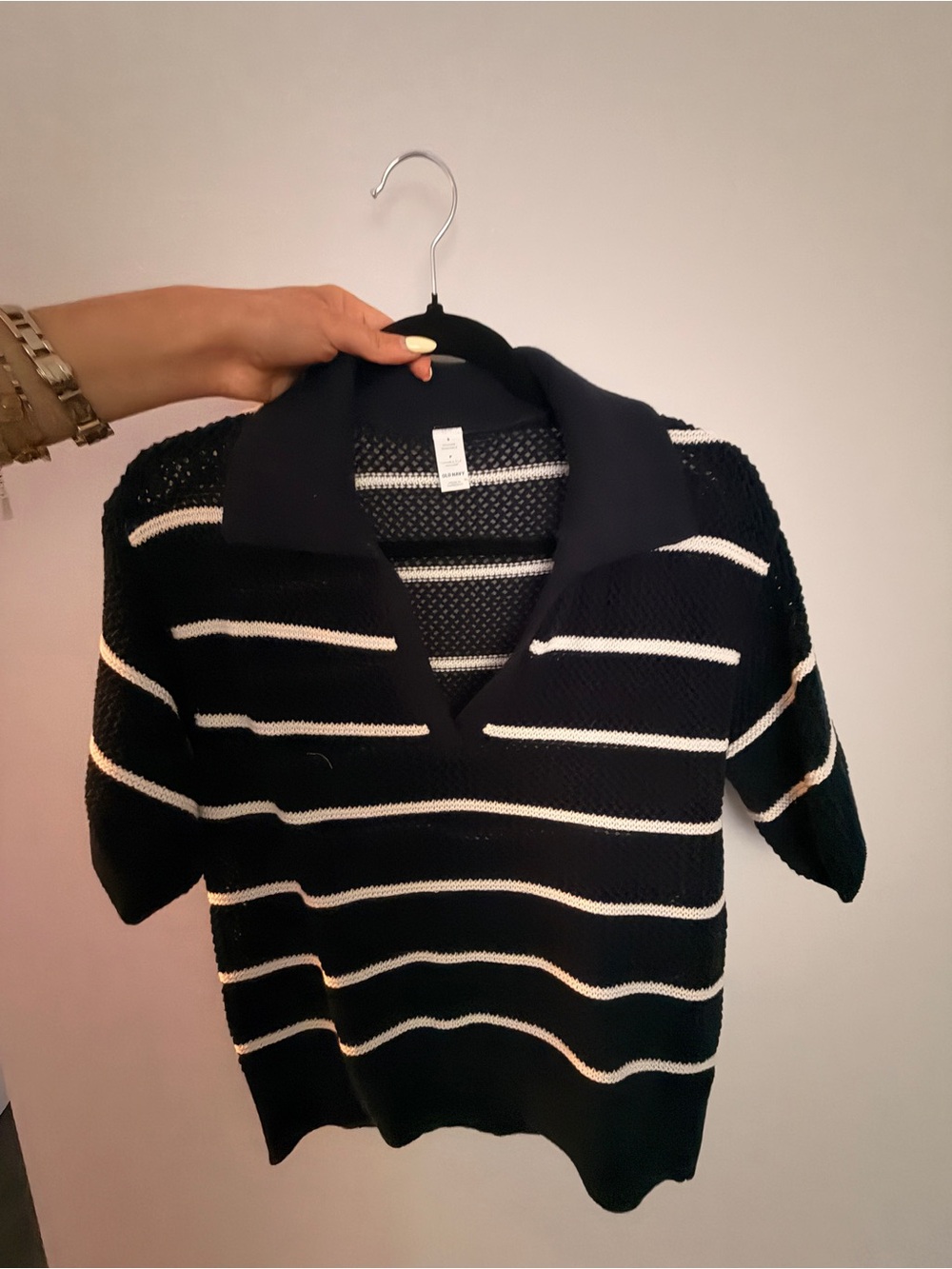 Old Navy Black and White Striped Knit Polo Sweater